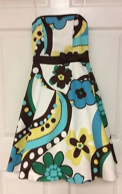 Vestido feminino B Darlin tamanho 5 a 6 sem alças branco marrom azul amarelo forrado 101 - Imagem 1 de 4