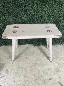 Antiker primitiver Fußhocker handgefertigt weiß bemalt durch Zapfen Keil Melken - Bild 1 von 18