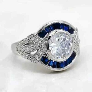Art Deco Style Lab-Created Diamond Sapphire Wedding Gift Ring 14k White Gold FN - Picture 1 of 9