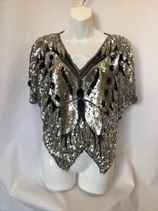 Vtg Fully Sequined Silver Crop Top V-Neck Silk Butterfly Pullover Size M/L - Picture 1 of 9