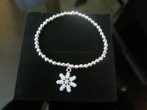 silver plated beaded bracelet with white enamelled snowflake charm + gift bag - Picture 1 of 3