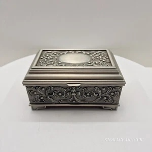 Vintage Style Fine Detail Rectangular Jewelry Organizer Silver Toned Trinket Box - Picture 1 of 14
