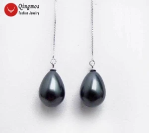 12*16mm Drop Black Sea Shell Pearl Earring for Women Silver 925 Ear Line Earring - Picture 1 of 9