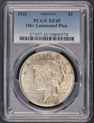 1922 $1 Peace Dollar PCGS XF45 Laminated Planchet - Image 1 of 3
