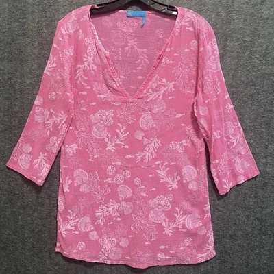 Fresh Produce Top 女式小号粉色贝壳印花棉束腰外衣海滩沿海美国 — 第 1/4 张图片