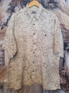 Vintage Paradise Coves Hawaiian Shirt XXL 100% Silk Beige Floral Palm Tree Aloha - Picture 1 of 6