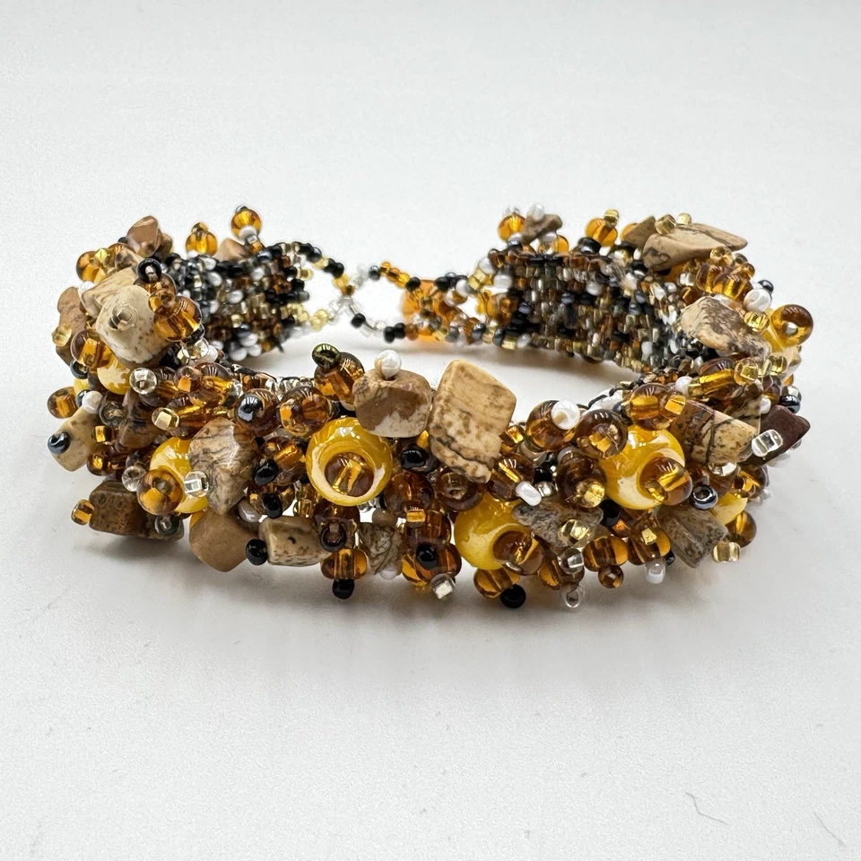 Brazalete tejido ámbar dorado con cuentas de vidrio astillado piedra boho ajustable 6,5" Foto 1 de 4