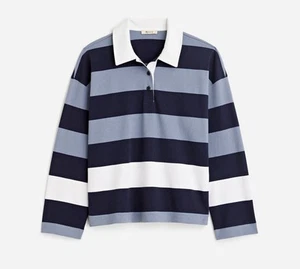 Madewell Rugby Polo Shirt Women XS Blue White Striped Long Sleeve Oversized - Picture 1 of 9