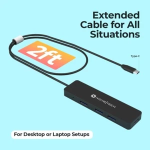 USB-C to USB-A Hub 4 port with 2 ft Extended Cable, NOV8Tech - Picture 1 of 8