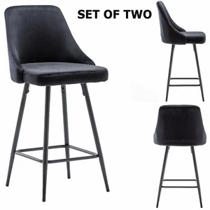 Hafsa Velvet Black Upholstered Modern Premium Stool Bar Chairs Set of 2 - Picture 1 of 1
