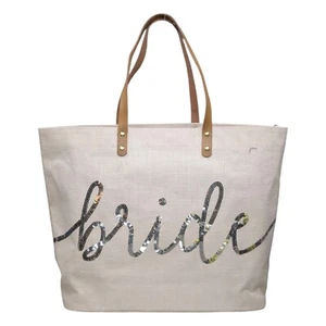 Mudpie Jute Bride Tote Bag Womens Cream Sequin Sparkle Bridal Leather Strap - Picture 1 of 11