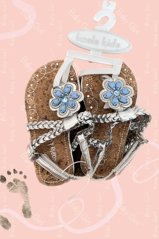 Koala Niños Bebé Niña ZAPATOS Sandalias con Tiras AZUL Flor PLATEADO Talla • 5 • Nuevo con Etiquetas Foto 1 de 4