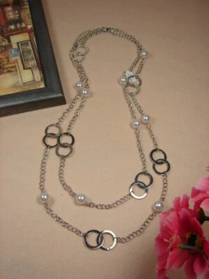 COLLAR LARGO MUJER 54 PULGADAS LIA SOPHIA PERLA DEL MAR ARO PERLA CUENTAS PLATA CADENA Foto 1 de 4