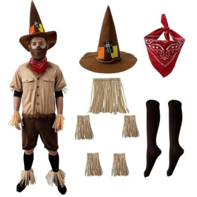 Halloween Scarecrow Costume Set 9 Pieces Adult Accessories Hat Party Outfit - Image 1 of 4