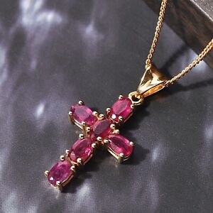 Natural Red African Ruby Cross Pendant Necklace in 925 Sterling Silver