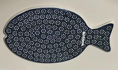 Unikat Polish Pottery Trivet Fish Blue Flowers Cutting Cheese Serving Board - Image 1 of 4