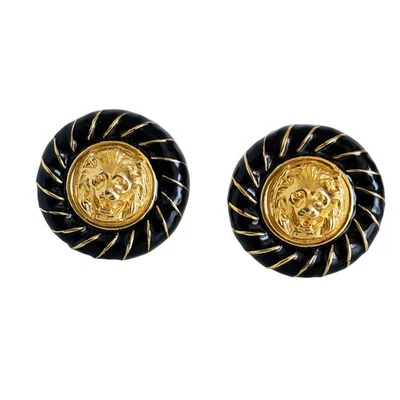 Винтажный Anne Klein лев зажим на серьги золото черная эмаль круглый медальон 1980-х - Изображение 1 из 4