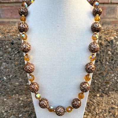 Vintage Joan Rivers Leopard Cheetah Print & Amber Aurora Borealis Necklace 31" - Image 1 of 4