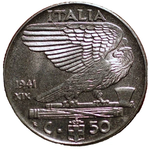 1941 XIX Italy 50 Centesimi Vittorio Emanuele III KM# 76b - Picture 1 of 2