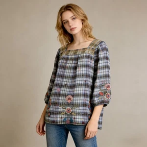 Neu ohne Etikett Johnny Was Tunika-Shirt Bluse quadratischer Ausschnitt bestickt Blumen kariert Gr. S - Bild 1 von 14