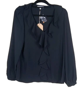 Camicia blusa FSL Apparel NERA con volant chic FLUIDA oro polsino scollo a V piccola nuova con etichette - Foto 1 di 9