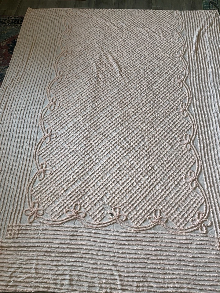 Vintage Chenille Bedspread Peach Swirl Bow Pattern To Use or Repurpose 77x96" - Image 1 of 4