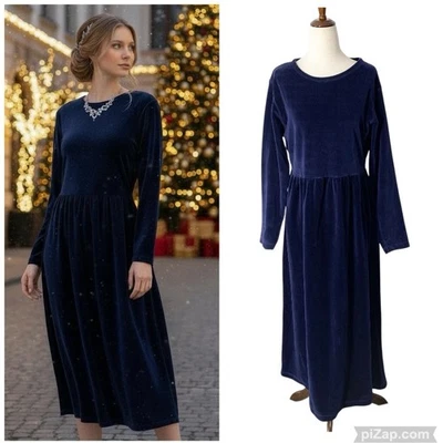 ВИНТАЖНЫЙ 90-х ERIKA бархата Midi платье средний синий прихотливый Ханука Рождество - Изображение 1 из 4