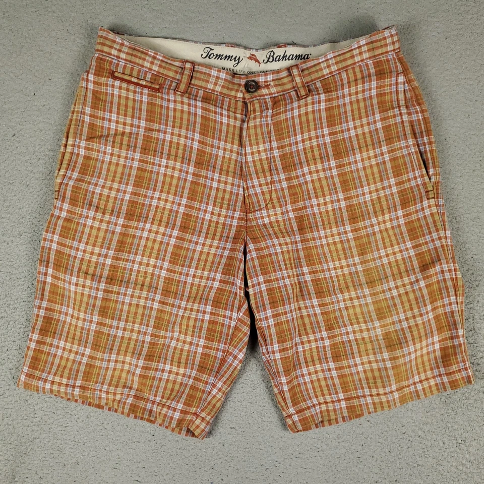Pantalones Cortos Tommy Bahama Para Hombre Talla 32 Naranja Lino a Cuadros Informales Frente Plano Chino Foto 1 de 4
