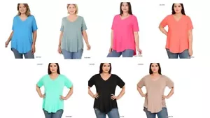 Zenana Plus Size Luxe Short Sleeve V-neck Top 1X 2X 3X High Low Hemline - Picture 1 of 13