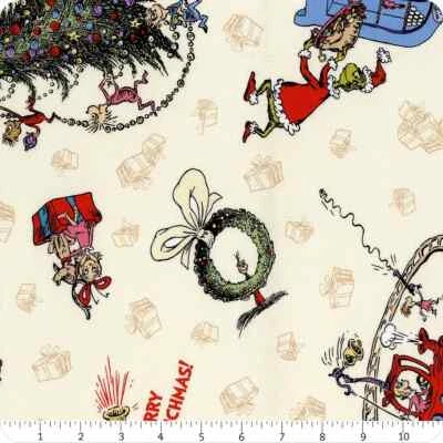 Cómo el Grinch robó Navidad Feliz Grinch tela de algodón crema por 36" x 43" Foto 1 de 3