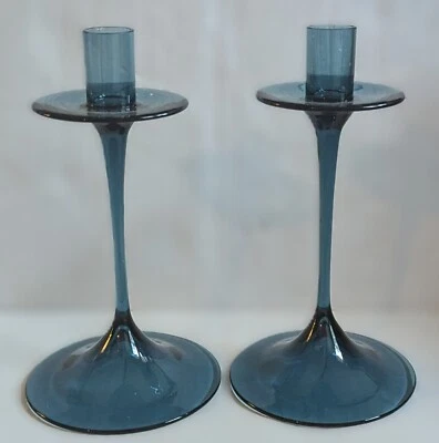 Nils Landberg Orrefors Glass Candlesticks MCM  Blue Crystal Candles Design EUC - Image 1 of 4