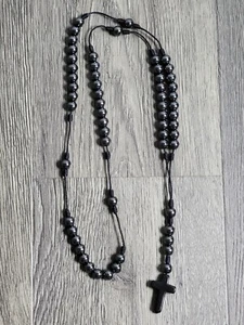 Black Hematite Stone Beads Rosary Necklace with Cross Stone - Picture 1 of 5