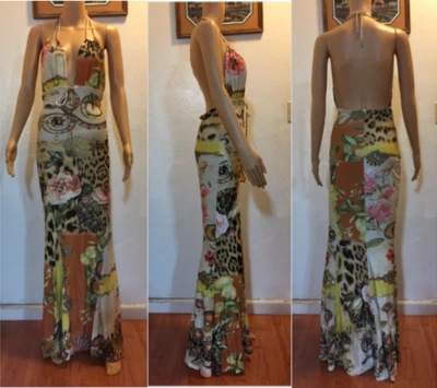 Vestido Jersey ROBERTO CAVALLI Vintage Dorado Metálico Sea Life Estampado Espalda Abierta S Foto 1 de 4