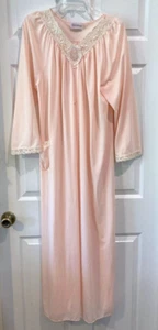 SHADOWLINE Long 52" Small Robe Long Sleeve Pale Peach Ivory Lace Trim Pocket EC - Picture 1 of 5
