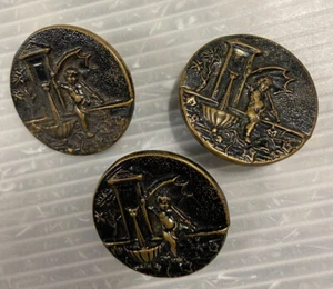 antique victorian shank Picture Button Lot/3 CHERUB Fountain Umbrella brass - Picture 1 of 8