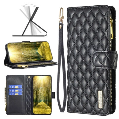 Flip Zipper Grid Leather  Wallet Phone Case For Samsung S21 S22 S23 Plus S21 FE  - Image 1 of 4