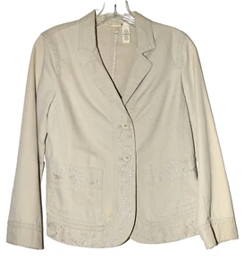 Pure DKNY Beige Floral Embroidered Cotton Womens Blazer Jacket Size 6 - Picture 1 of 8