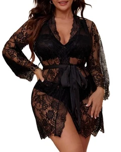 Plus Size Lingerie for Curvy Women 3 Piece Sleepwear with Lace Kimono Sexy Ro... - Picture 1 of 6