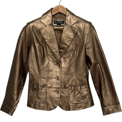 Dialogue 100% Leather Lined Shiny Metallic Blazer Jacket Bronze Women's Size S - Image 1 of 4