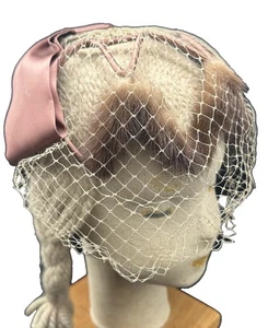 Vintage Nerz Pelz Pillendose Hut Kopfschmuck Rose Kupfer Satin Stoff Netz Damen - Bild 1 von 11