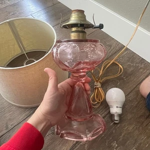 Pink Depression Heart Glass lamp base clear vintage w shade electric WORKS - Picture 1 of 5