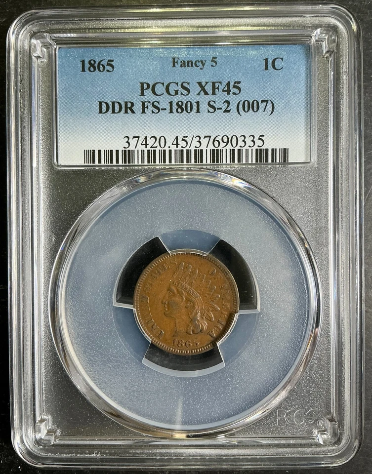 PCGS XF45 1865 Indian Cent Fancy 5 Snow 2 Doubled Die DDR ULTRA RARE! SZ - Image 1 of 3