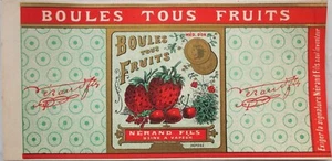 Etichetta in latta caramelle francesi anni 1890, Boules Tous Fruits, fragola, litografia a colori - Foto 1 di 1