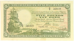 ORIGINAL South African 1934 Vyf Pond 5 Five Pounds aUNC Pick 86 b N524 - Picture 1 of 2