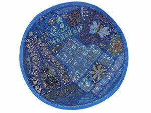 Blue Round Floor Pillowcase Sari Beadwork Big Living Room Accent Cushion 26" - Picture 1 of 1