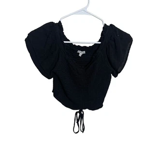 Love Tree Blouse Women's Small Black Smocked Short Sleeve Tie Cropped Shirt Top - Picture 1 of 9