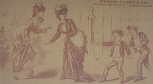 Tarjeta comercial victoriana Johnson Clark nueva máquina de coser casera de la década de 1880. - Imagen 1 de 2