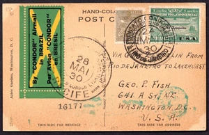 BRAZIL 1930 US CONDOR ZEPPELIN FIRST FLIGHT RIO DE JANEIRO TO WASHINGTON D.C. - Picture 1 of 2