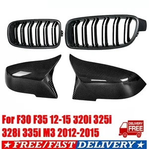 For 12~18 BMW F30 F31 328i 335i Kidney Grill +Side Mirror Cover Cap Carbon Style - Picture 1 of 13