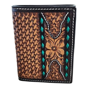 Twisted X XH829T Tooled Leather Trifold Wallet Green Buck Stitch Basket Floral - Picture 1 of 7